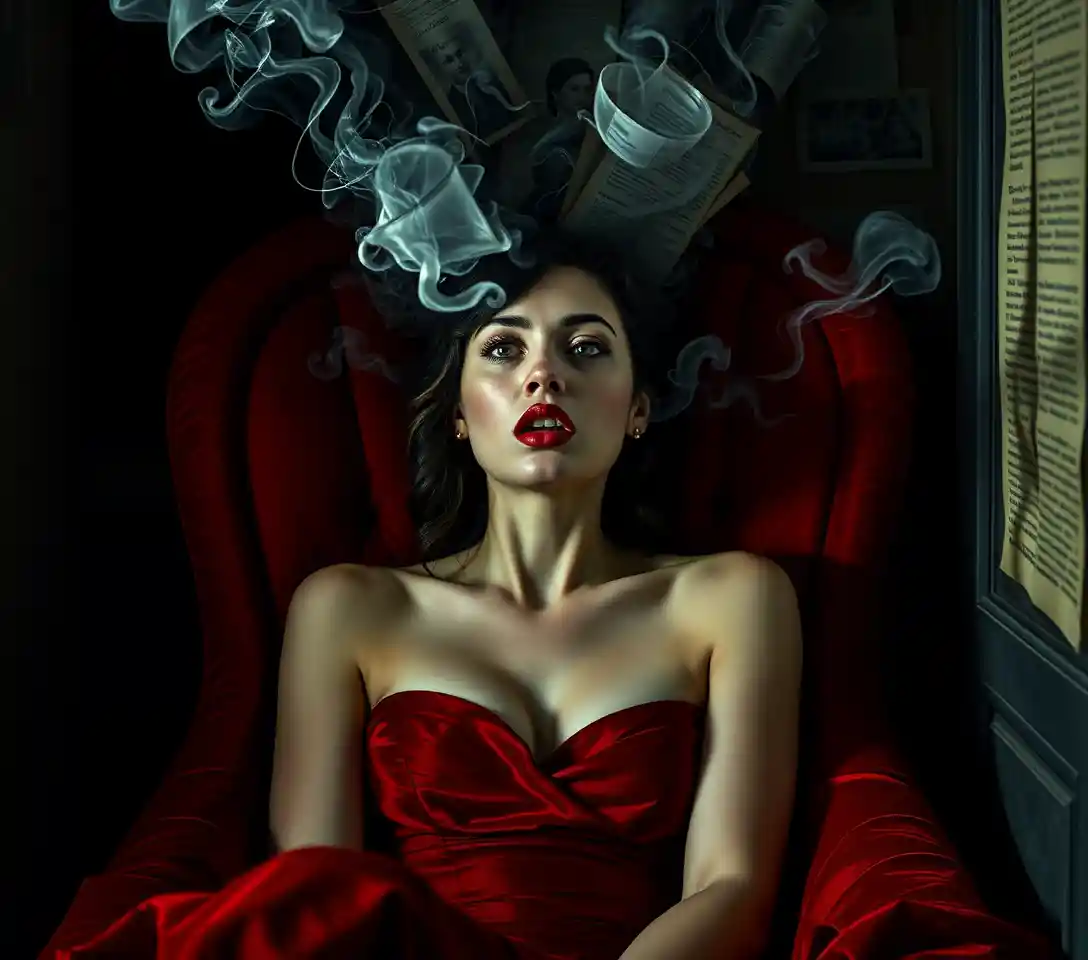 Surreal woman in velvet chair with silver word chains