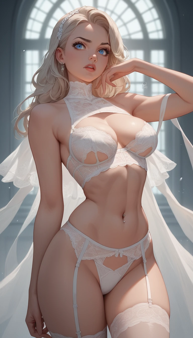 Sad anime girl in a torn heroine costume and white lingerie
