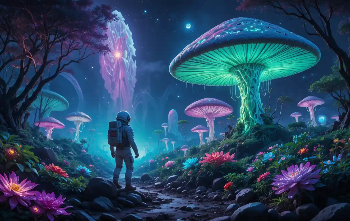 Astronaut Exploring A Glowing Alien Forest At Night