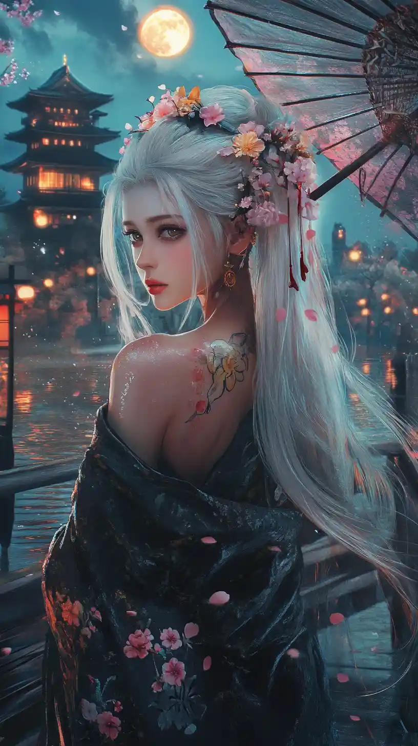 Anime woman on a moonlit bridge with cherry blossoms