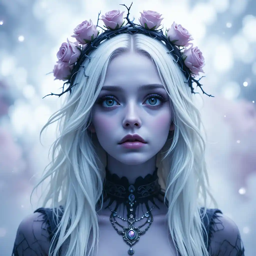 Haunting purple skinned woman with white hair and rose crown