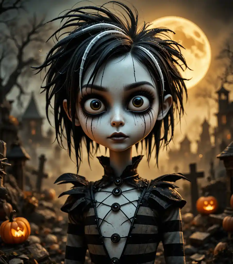 Whimsical gothic woman in a moonlit graveyard portrait
