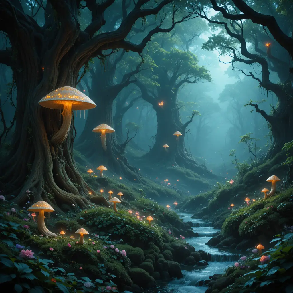 Enchanted forest grove with glowing fungi and fairies