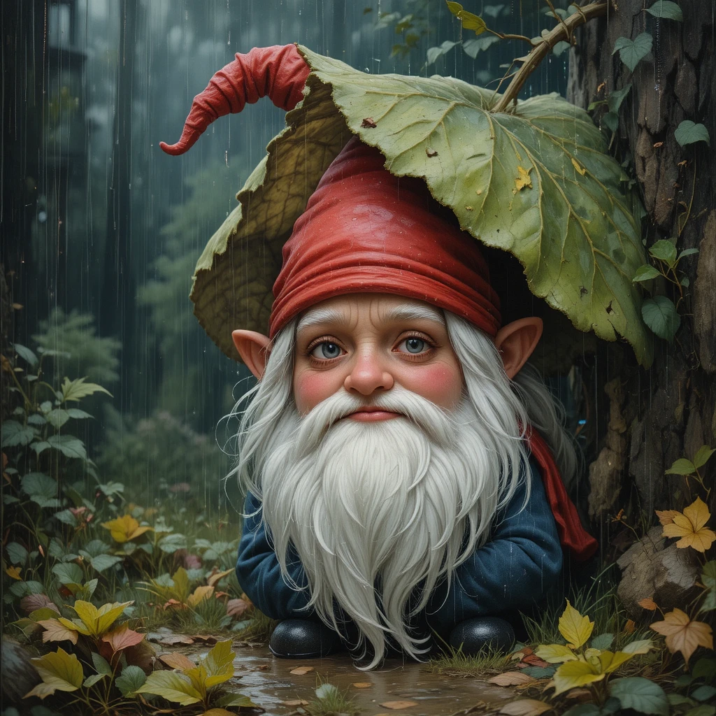 Sad gnome hiding under a leaf in the rain