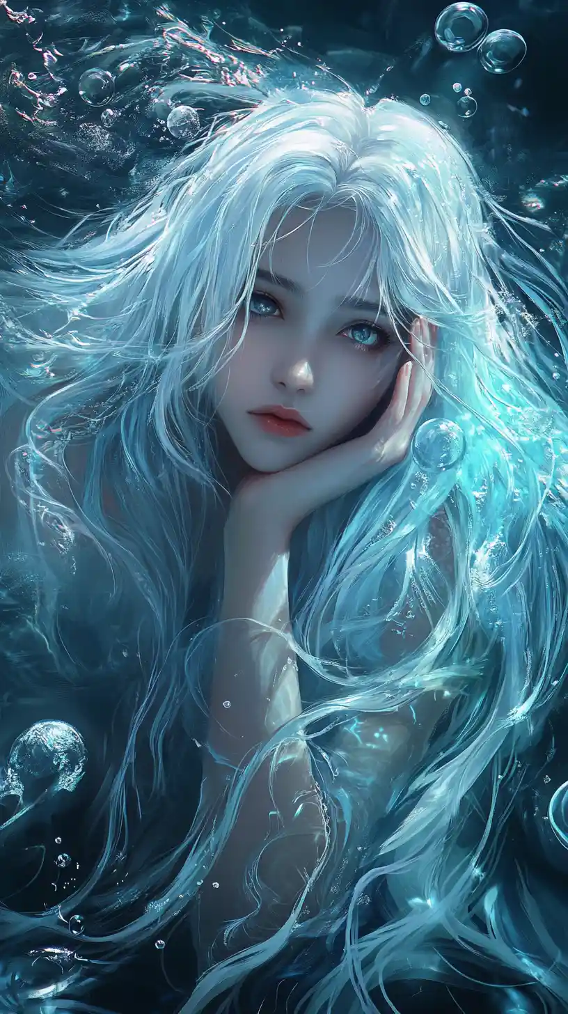 Ethereal woman with flowing blue hair in liquid dreamscape