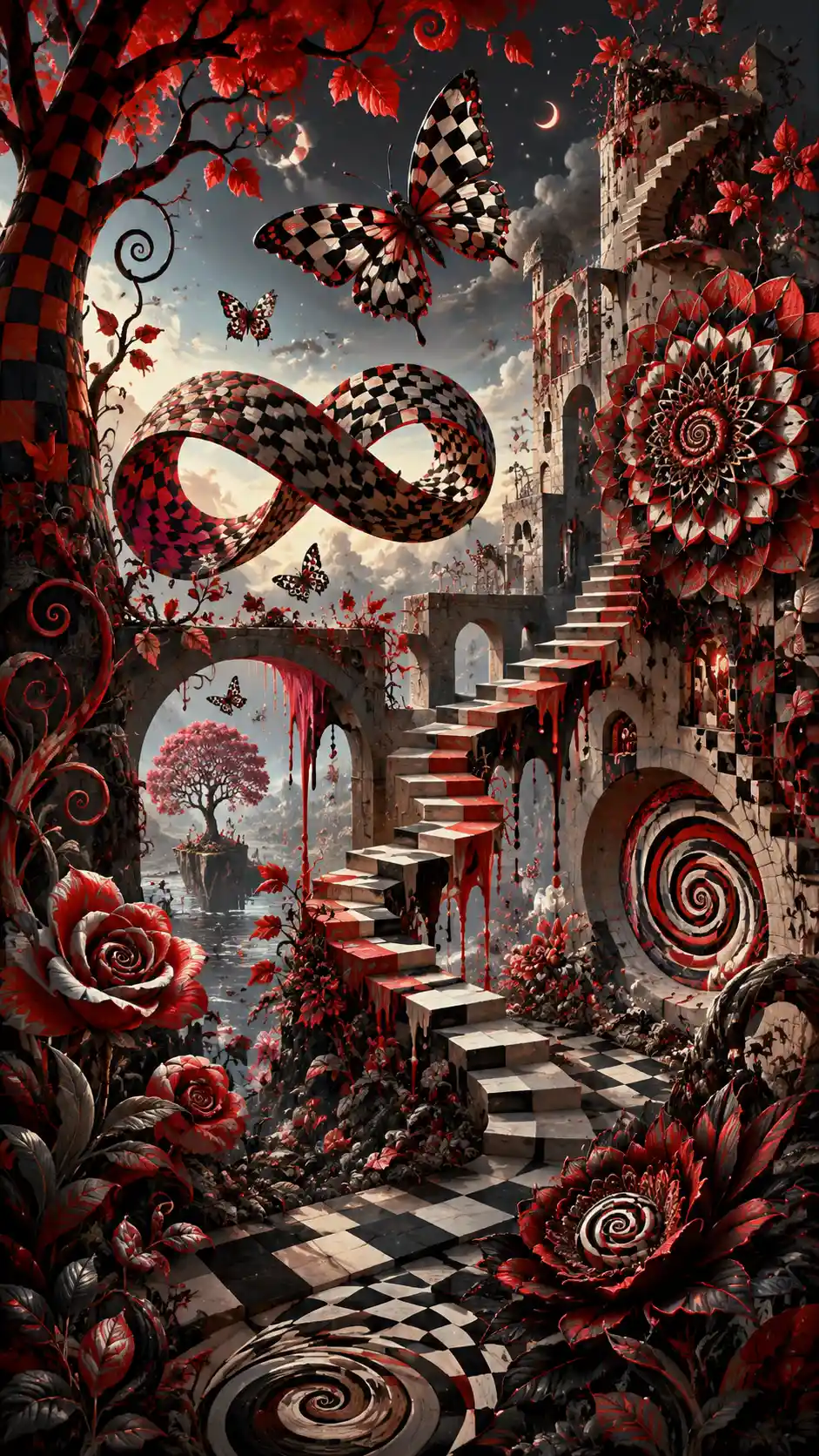 Surreal Garden Of Optical Illusion Trees And Spiraling Flowers