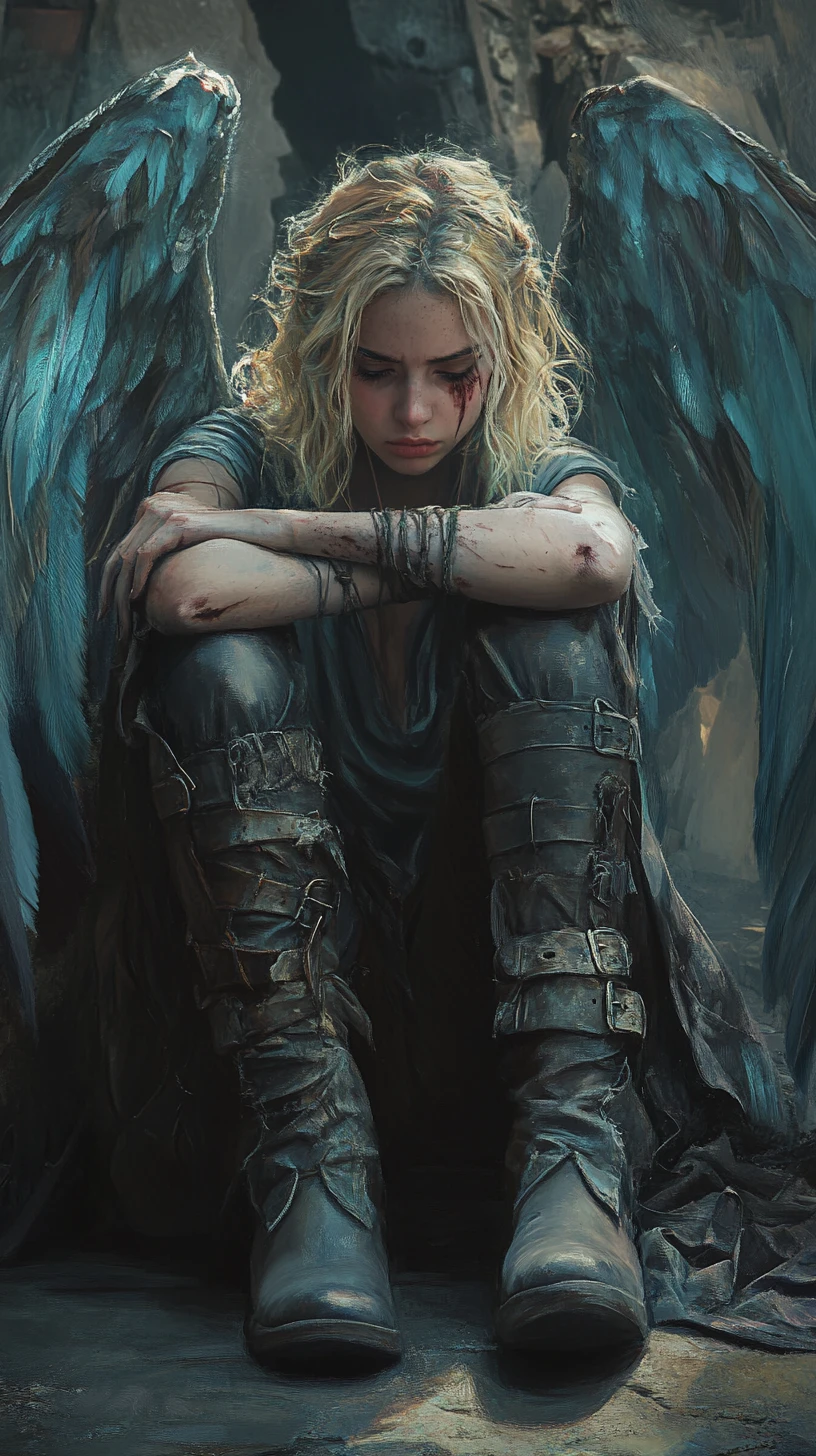Melancholic winged woman in tattered dress on stone floor