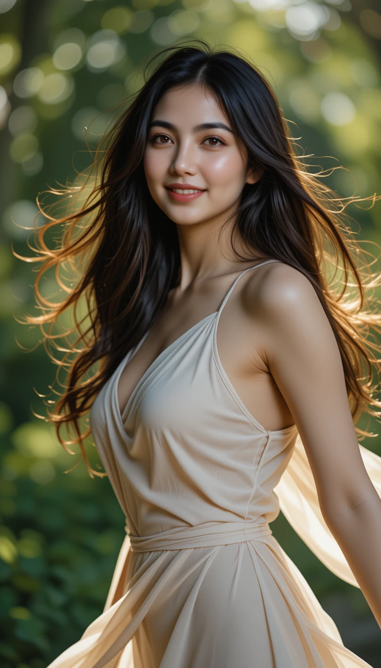 Young woman in motion with flowing hair outdoors