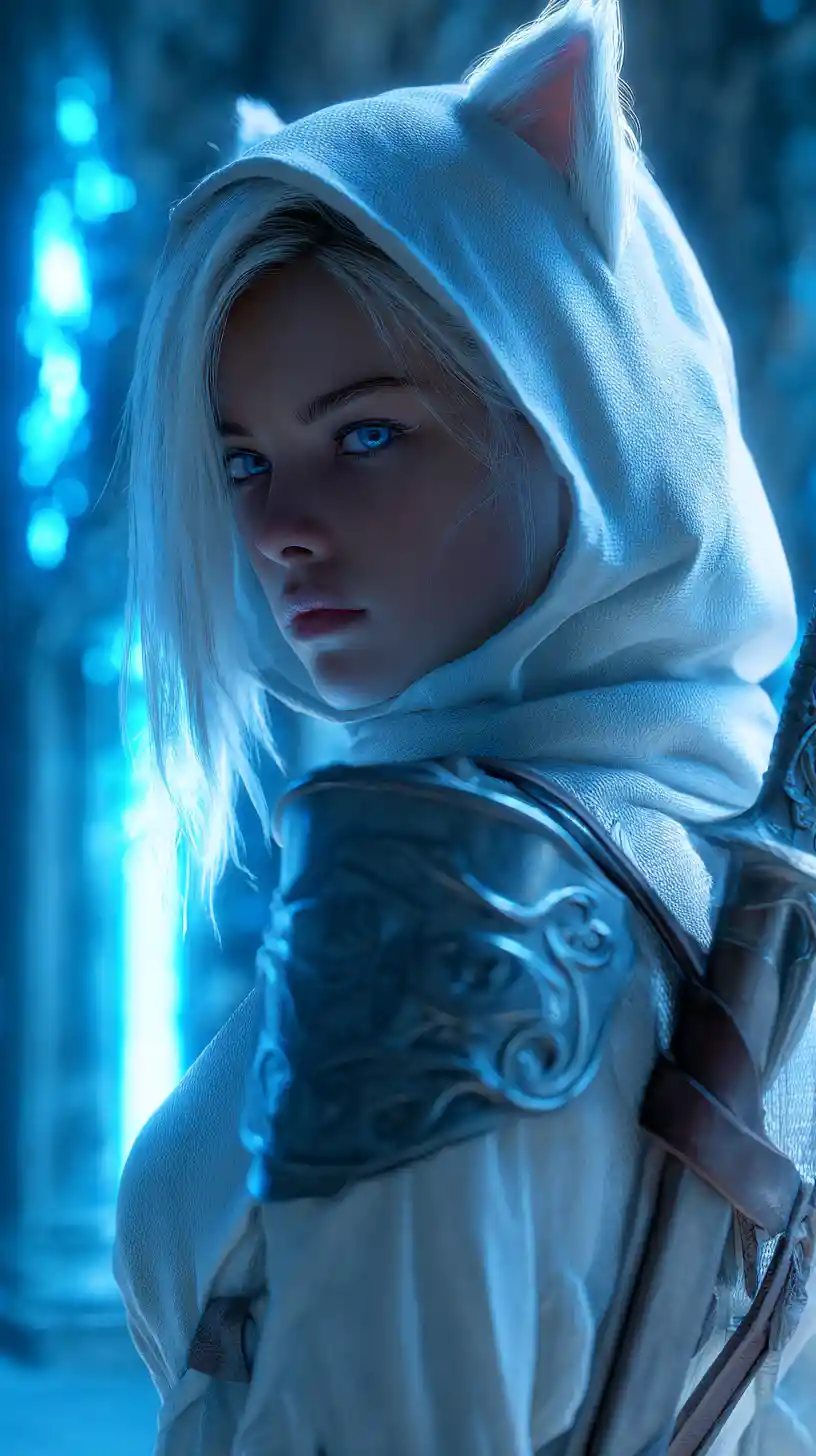 White haired cat eared warrior in glowing stone corridor