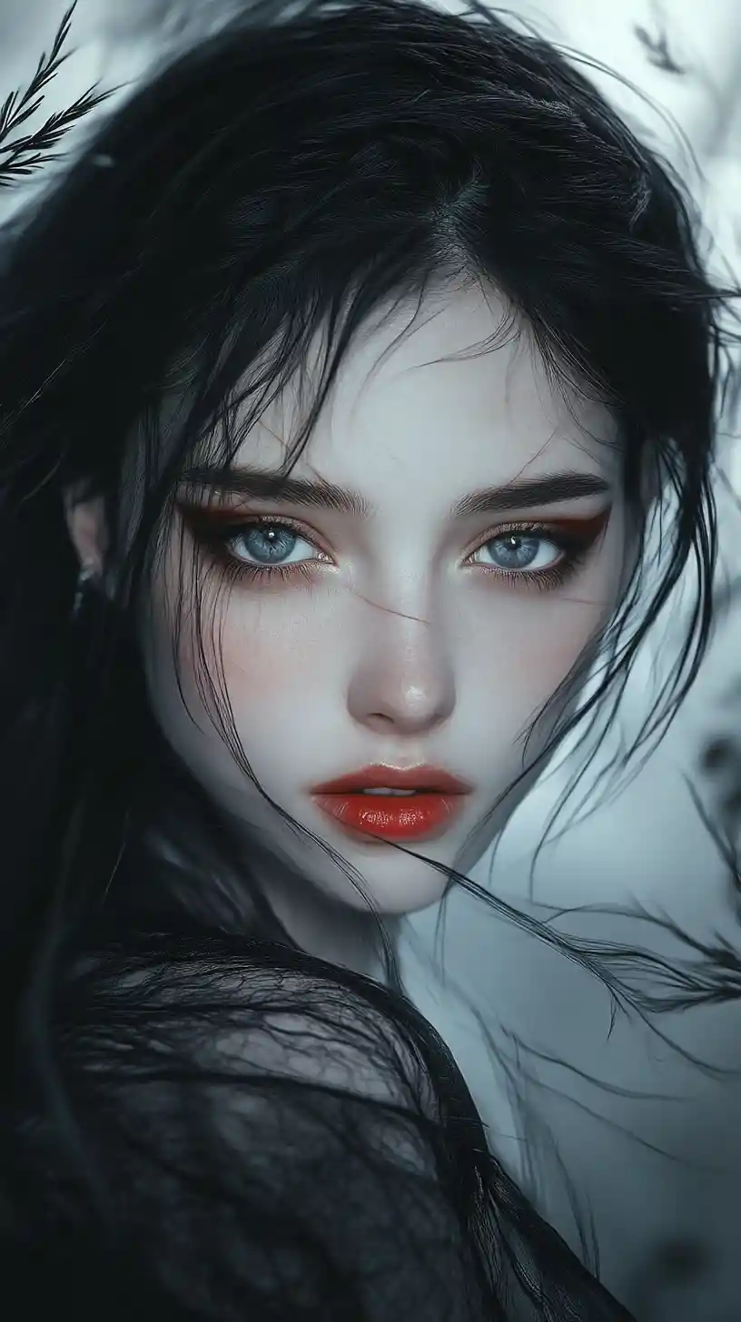 Mystical woman with red winged eyeliner and blue eyes