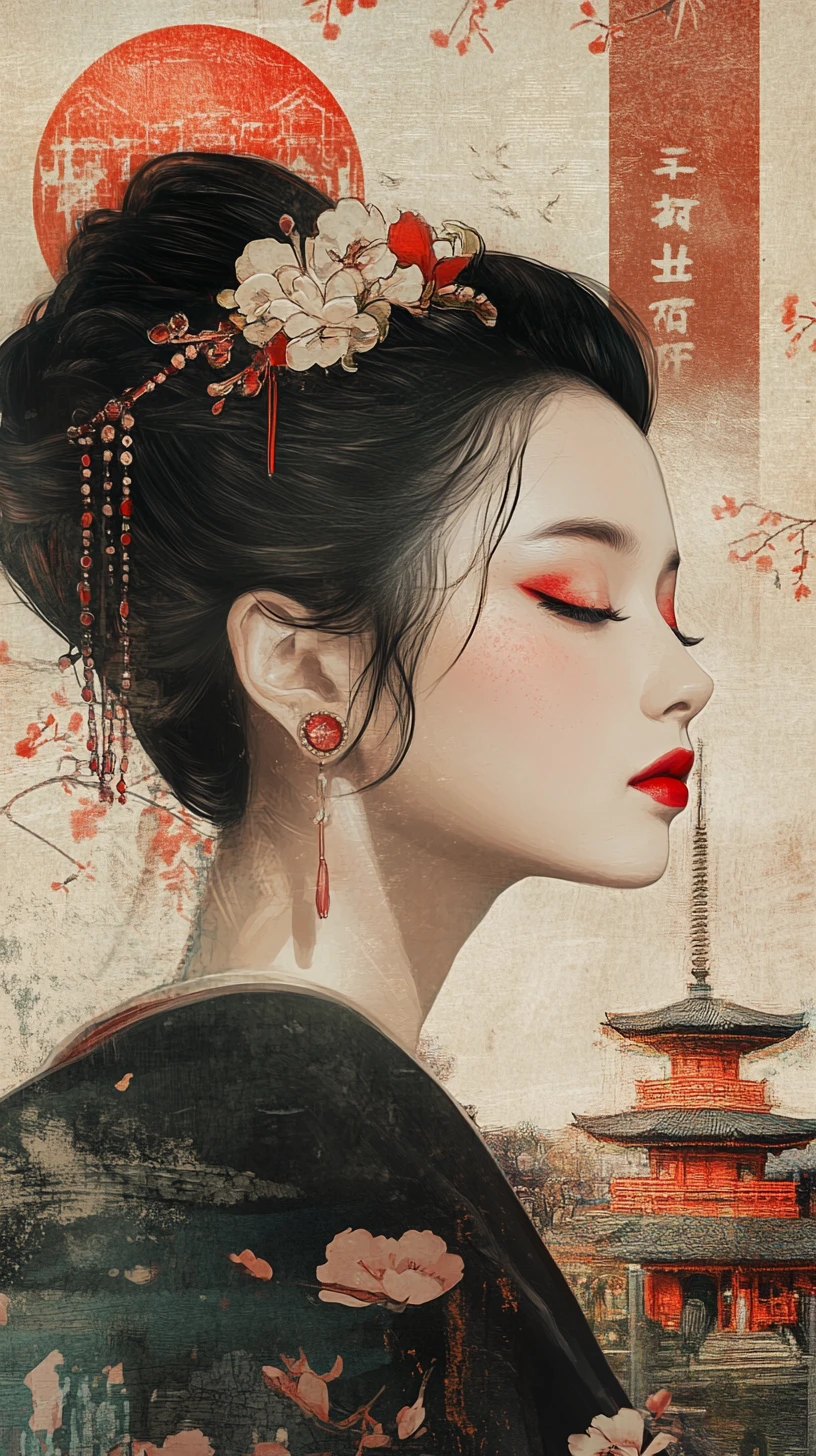 Serene East Asian Woman In Red Beside Japanese Pagodas