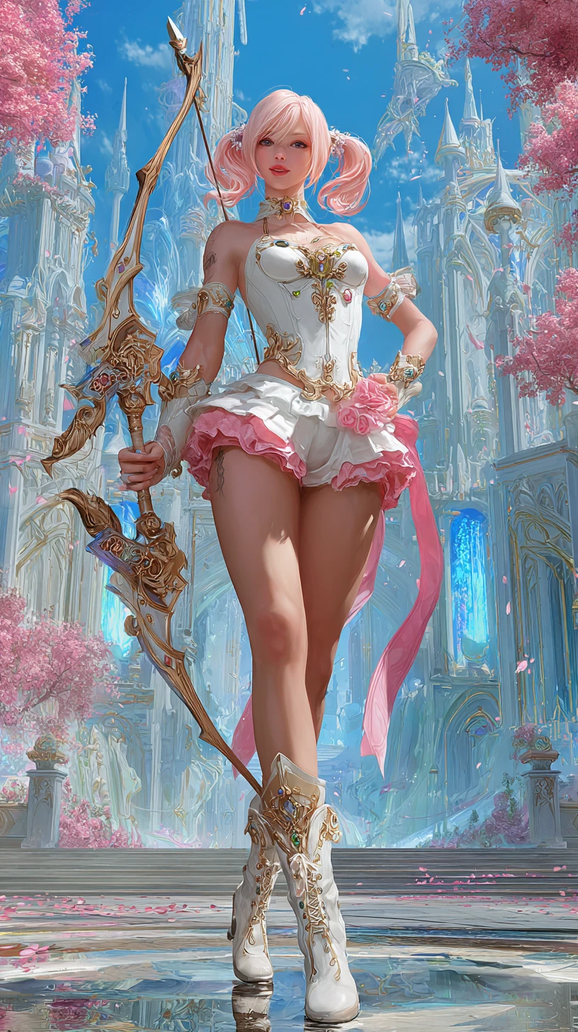 Pink haired fantasy archer girl in heroic low angle pose