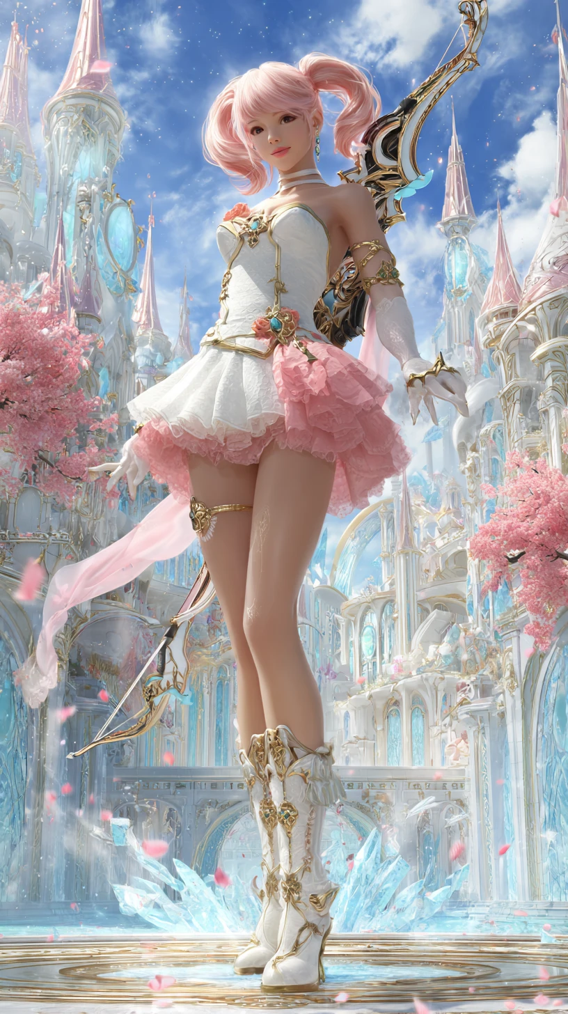 Pink haired fantasy archer girl in heroic low angle pose