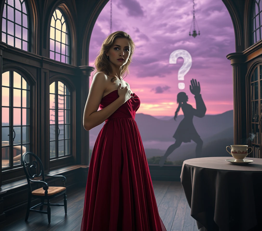 Young woman in surreal tilted library with eerie shadow
