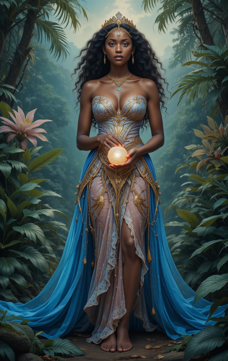 Dark skinned princess holding a glowing orb in jungle