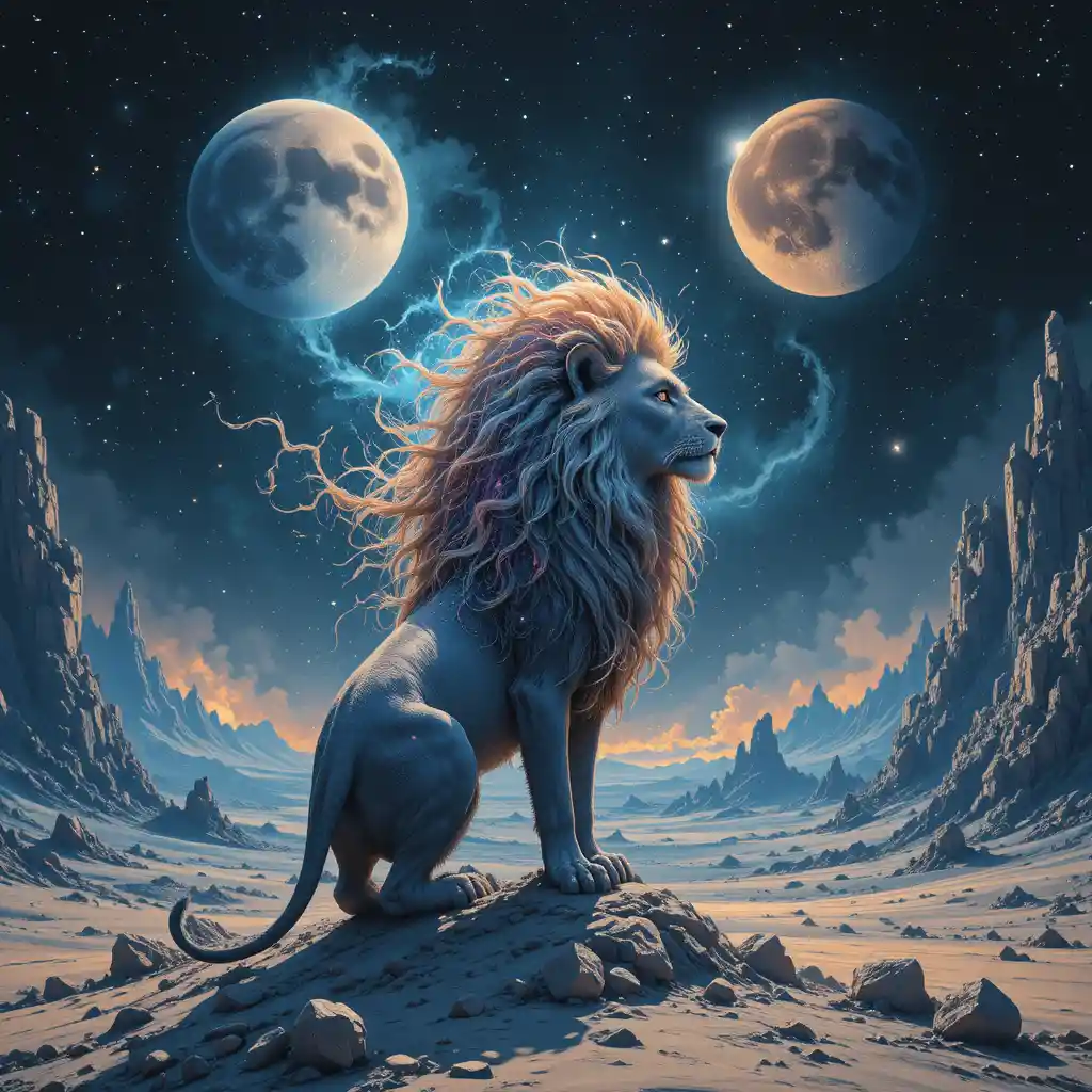Mystical lion with nebula mane over alien crystal landscape