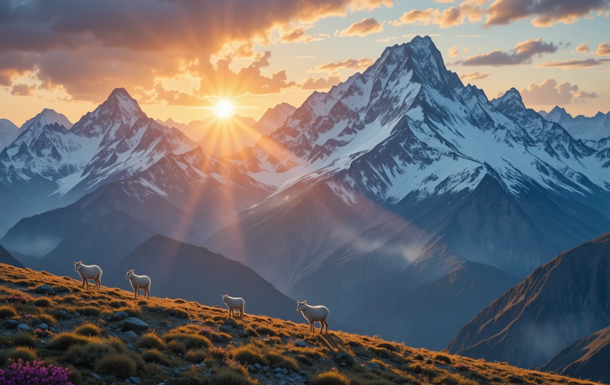 Sunlit mountain range with grazing goats in the foreground
