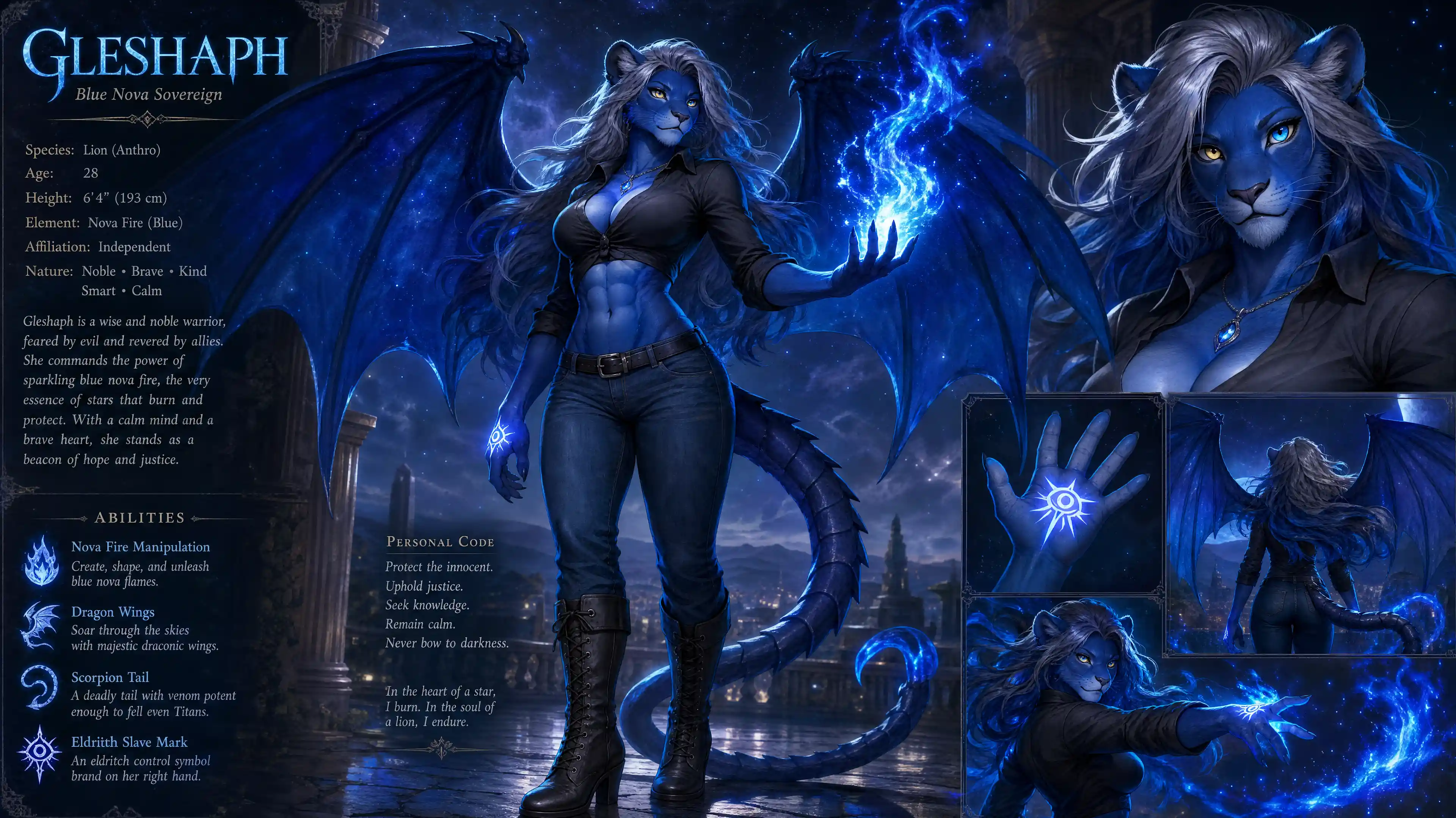Blue lion anthro woman with dragon wings and nova fire