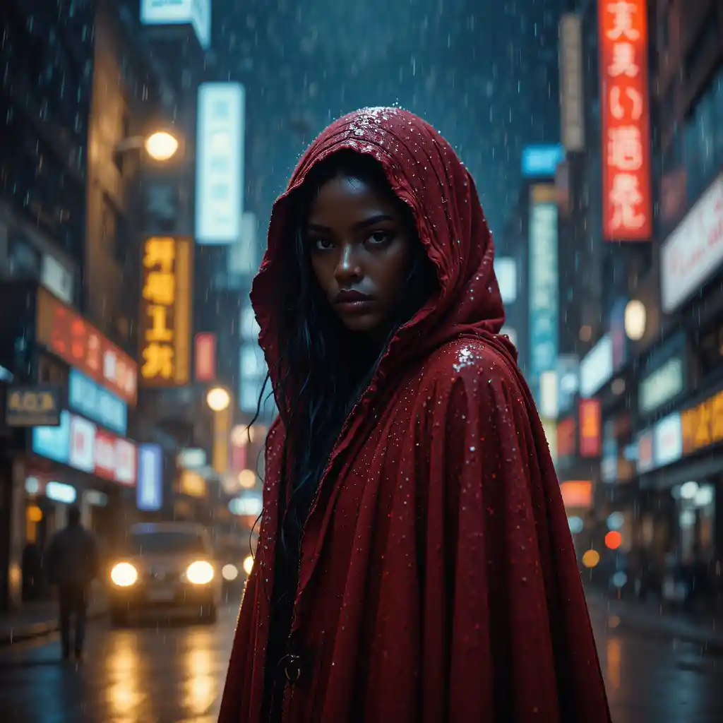 Determined woman in a crimson cloak under rainy city lights