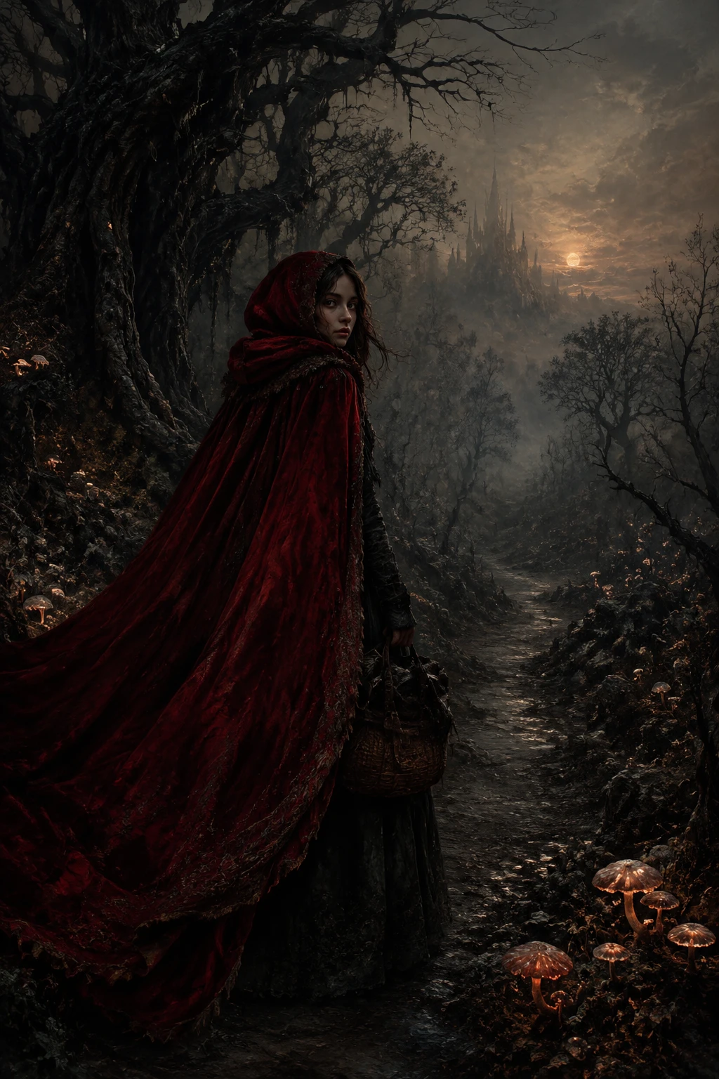 Young adventurer in a crimson cloak at a misty forest edge