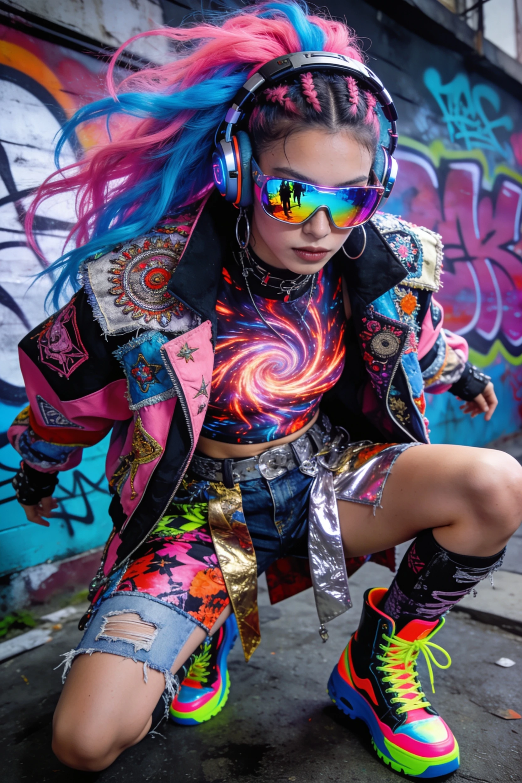Rebellious Fashion Woman In Neon Cyberpunk Streetwear