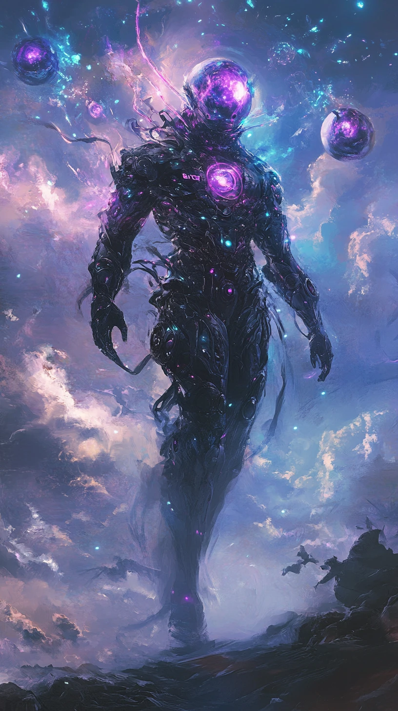 Abstract rapper surrounded by futuristic biotech energy waves