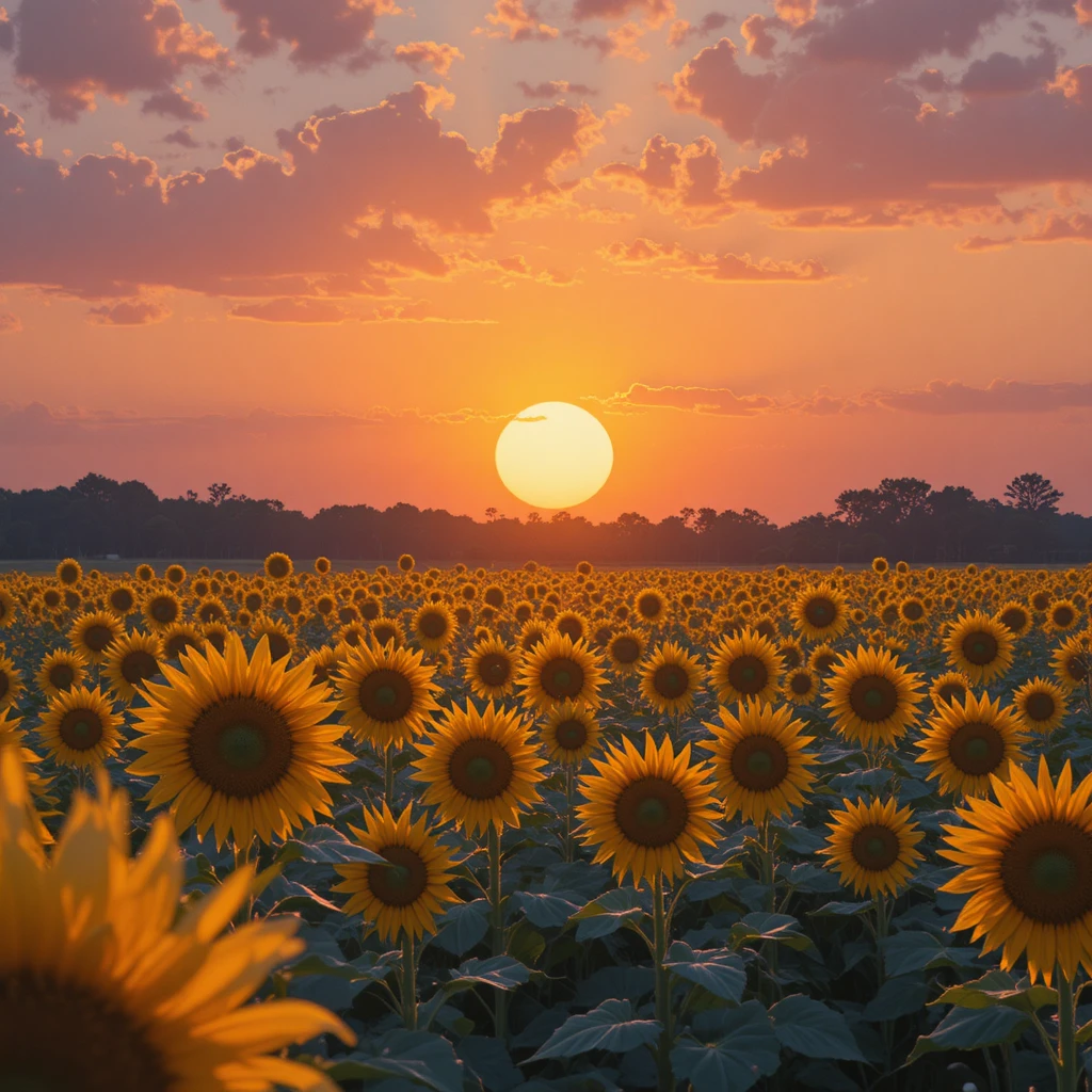 Sunset sunlight over a wide field of golden sunflowers
