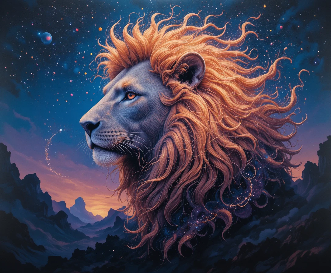 Surreal lion head merging with a swirling cosmic nebula