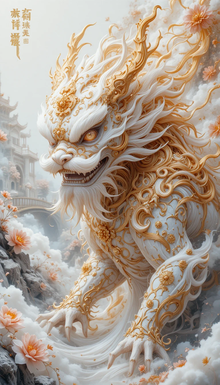 Mythical spirit creature by a white fantasy palace river
