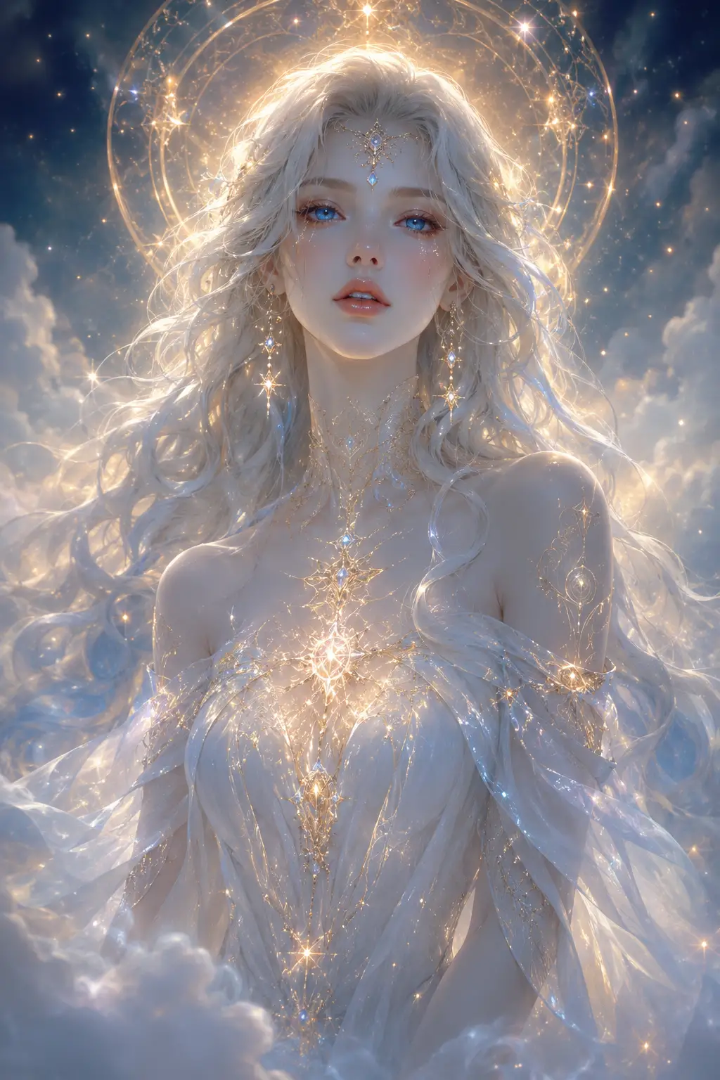 Ethereal woman rising from glowing dreamlike fog