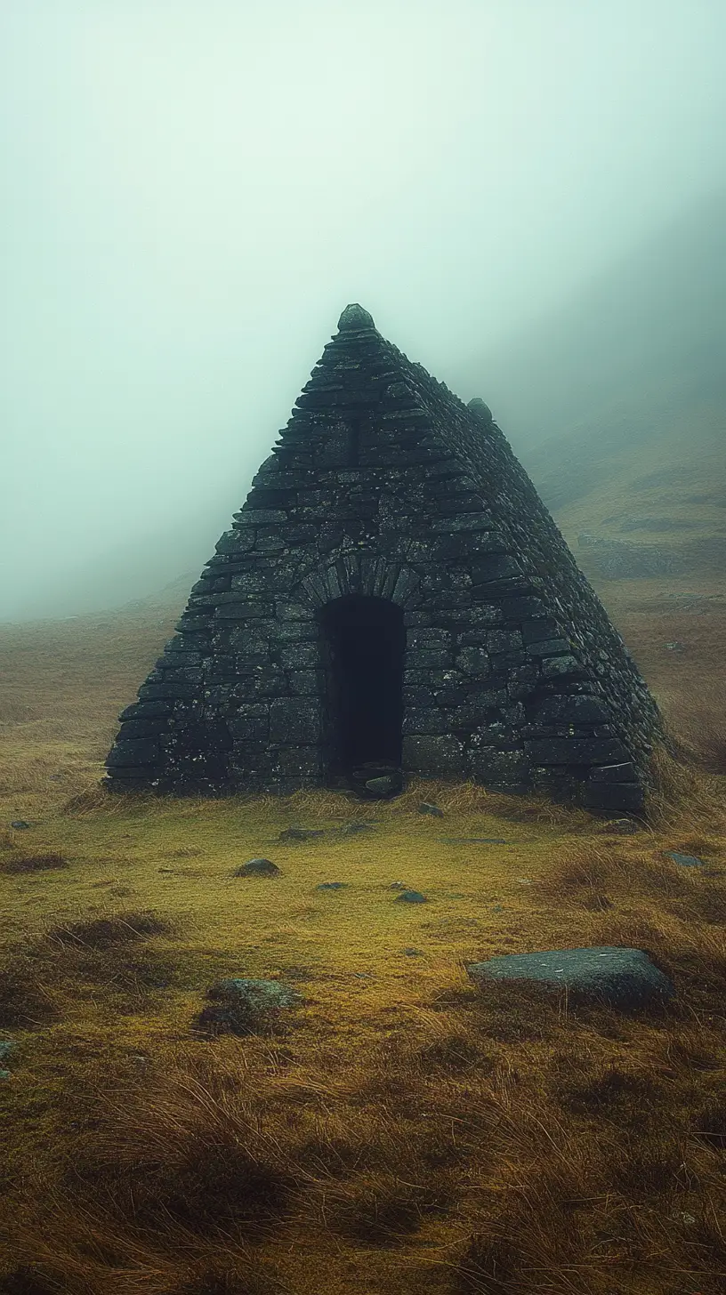 Foggy rural chapel in a quiet Scottish meadow