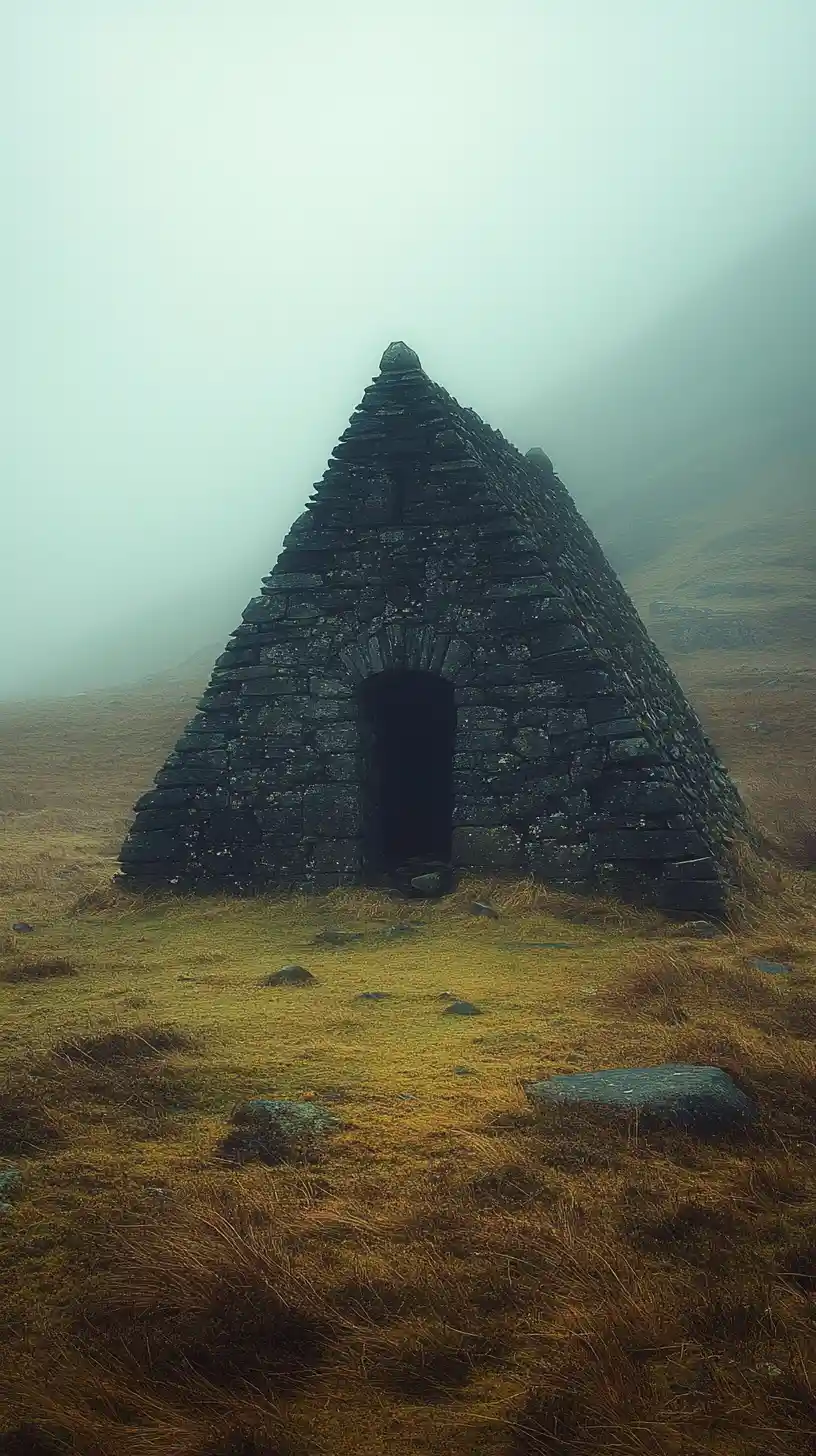 Foggy rural chapel in a quiet Scottish meadow