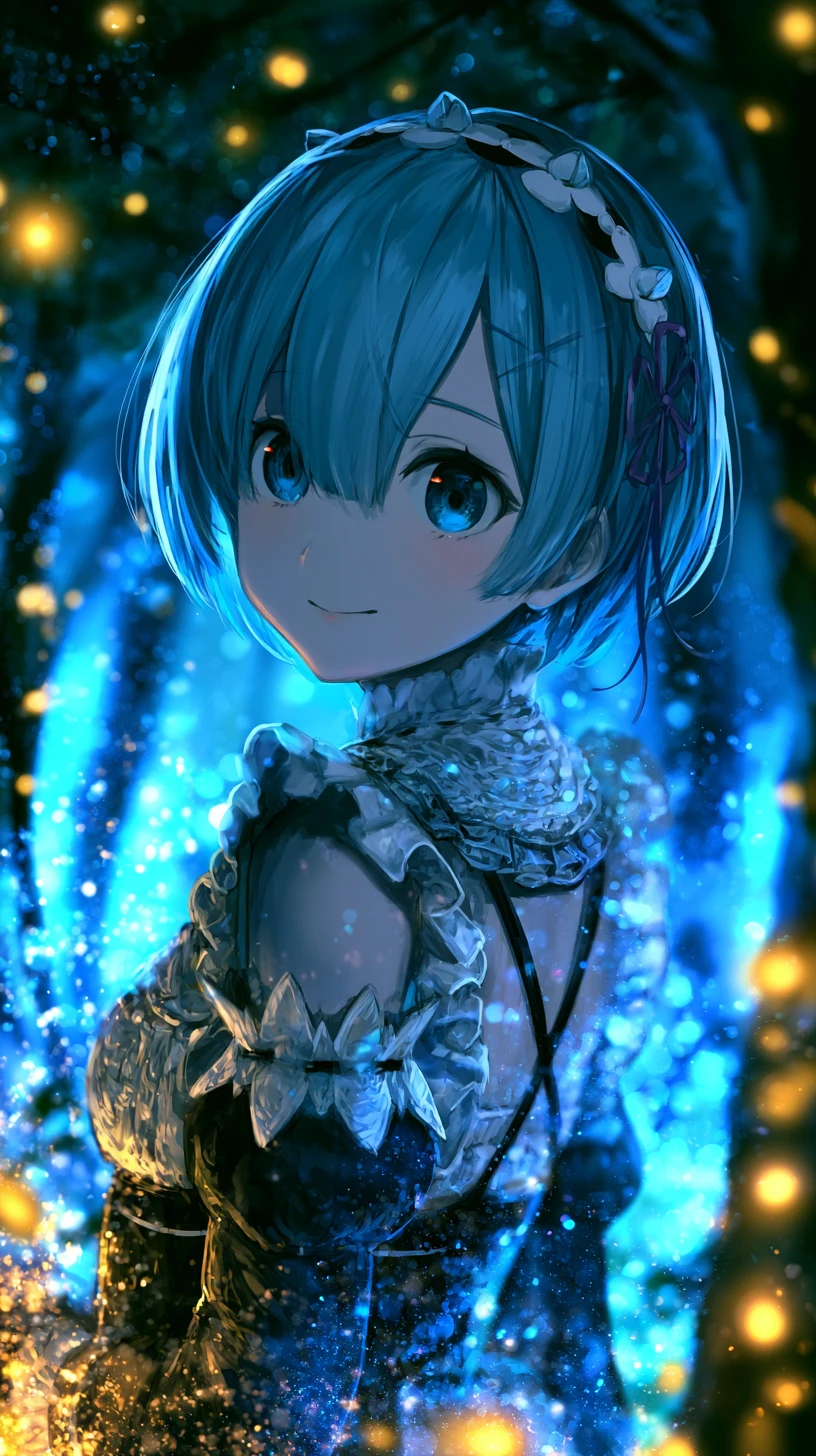 Blue haired anime maid in an enchanted night forest