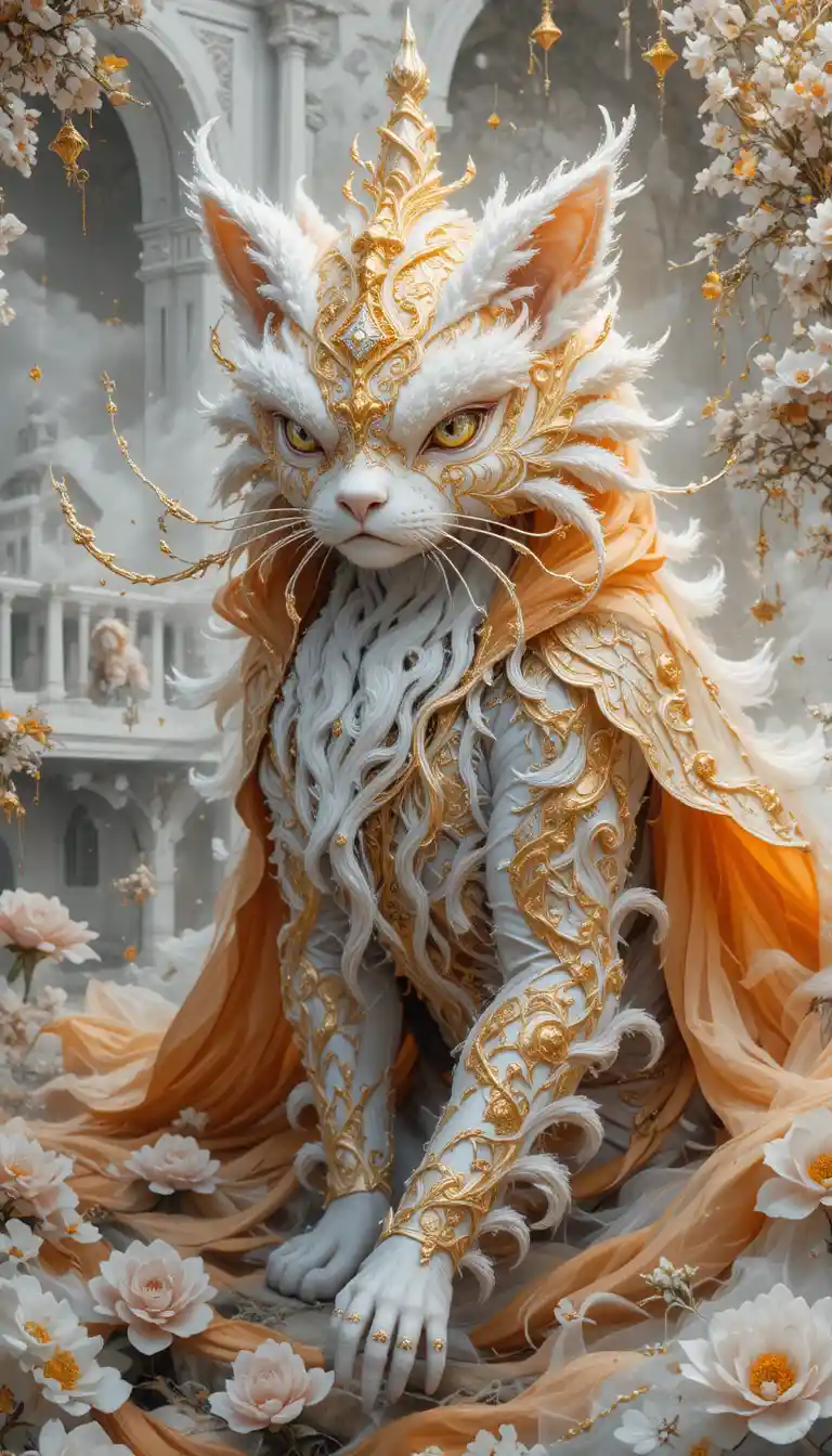 Fantasy cat spirit in ornate white palace close up
