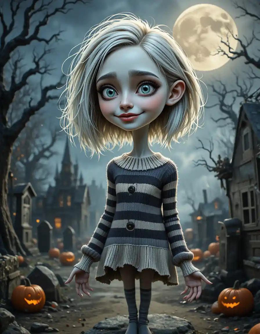 Whimsical spectral woman in a gothic graveyard portrait
