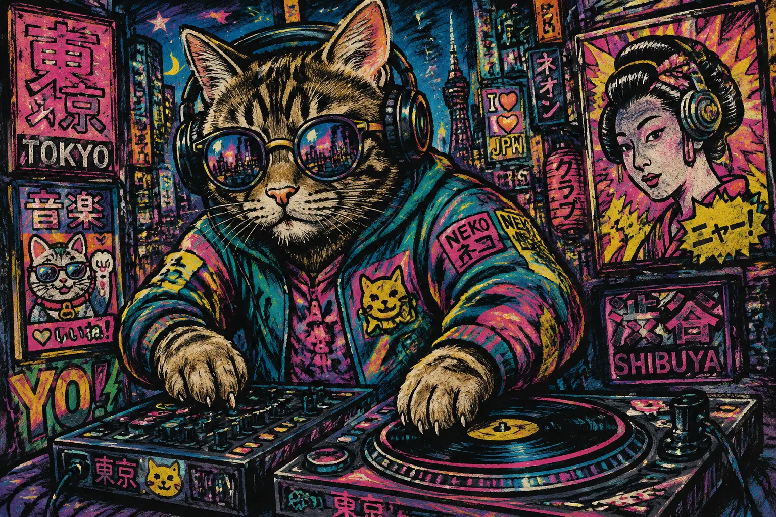 Pop-Art-Kreidezeichnung einer Katzen-DJ in Cyberpunk-Japan