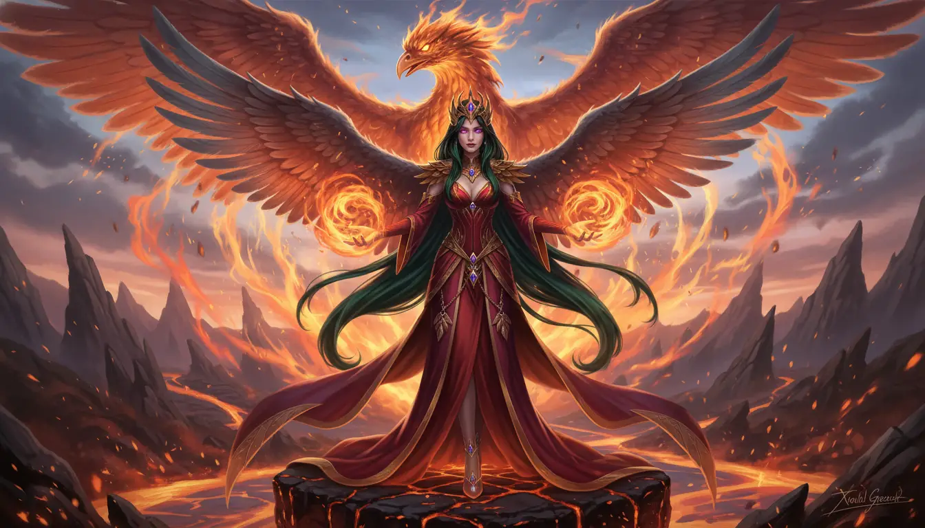 Regal phoenix queen with fiery wings and flowing dark hair