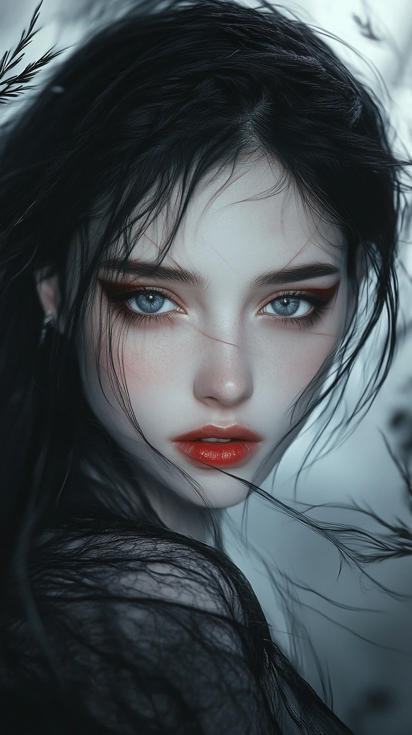 Mystical woman with red winged eyeliner and blue eyes