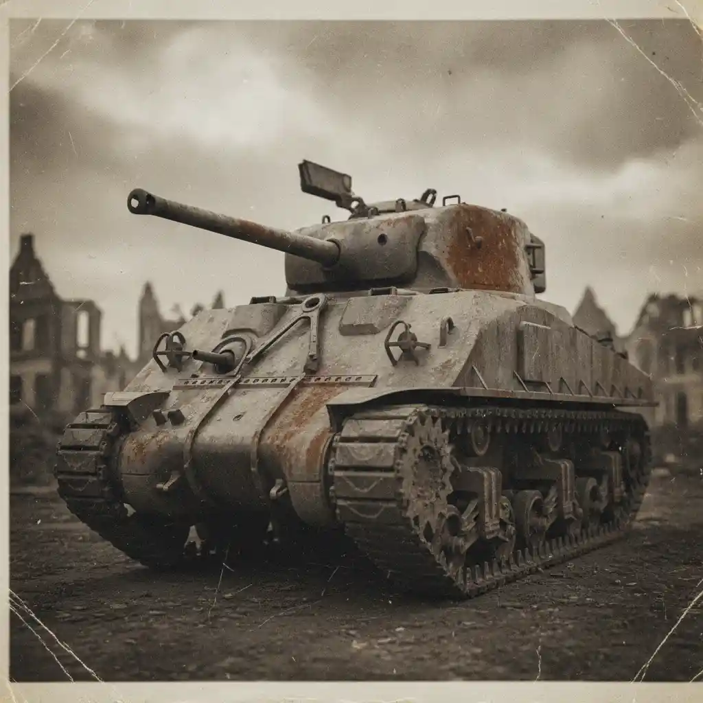 Vintage black and white tank in a faded historic scene
