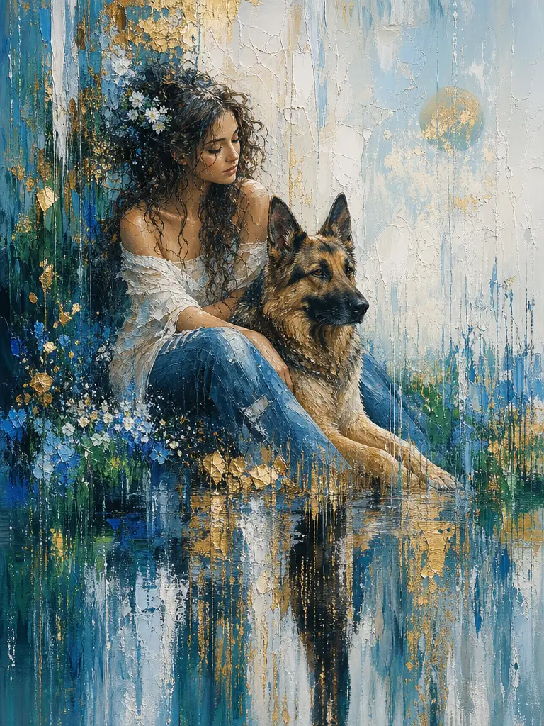 Young woman with german shepherd in abstract dreamscape painting
