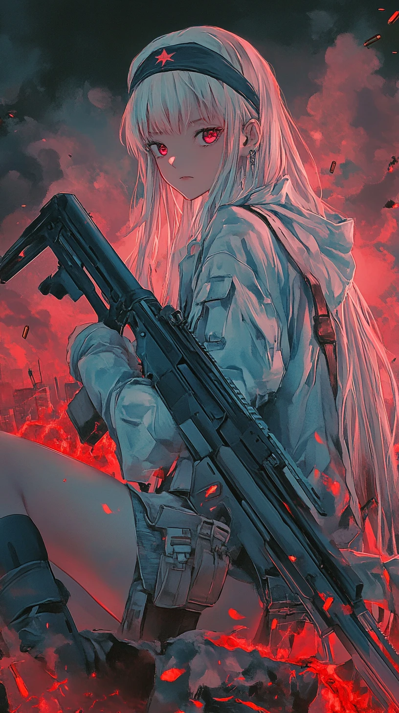 Ragazza anime che mira con un fucile in una zona di guerra in fiamme