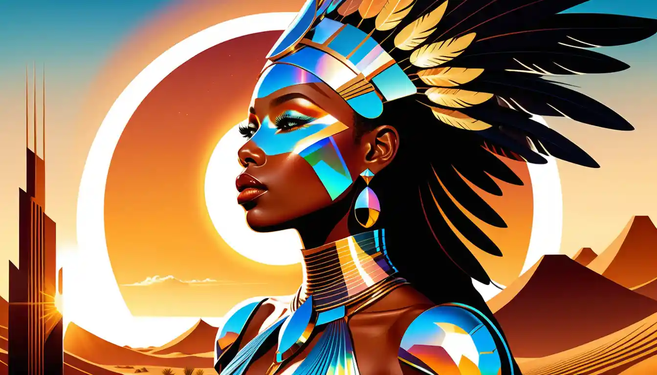 Afrofuturist woman in feathered crown in desert tech city