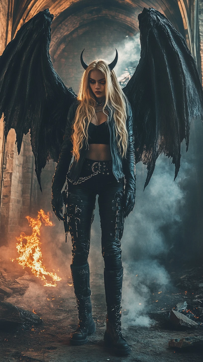 Gothic horned woman with dragon wings in ruined cathedral