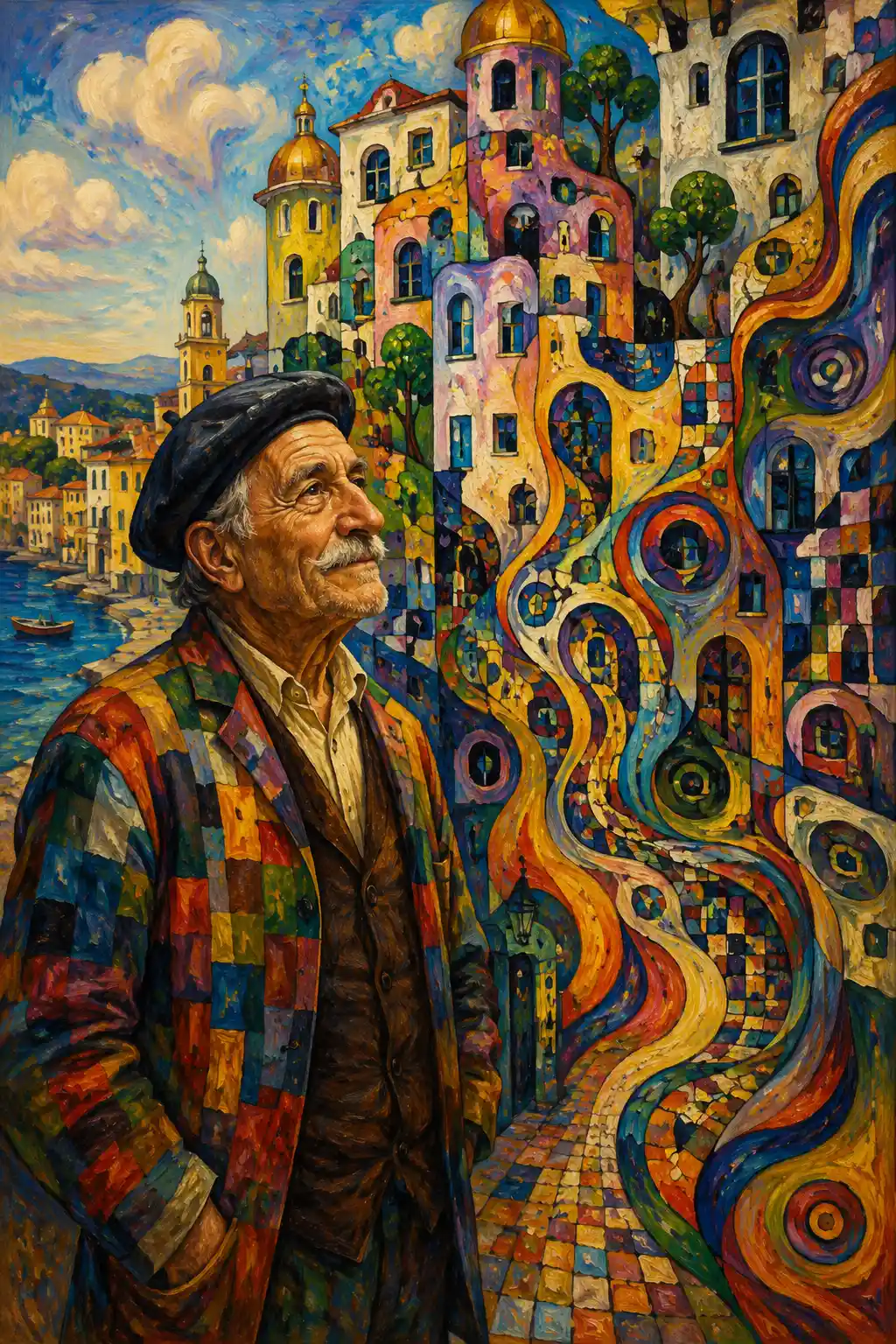 Colorful oil painting of an old man in whimsical cityscape