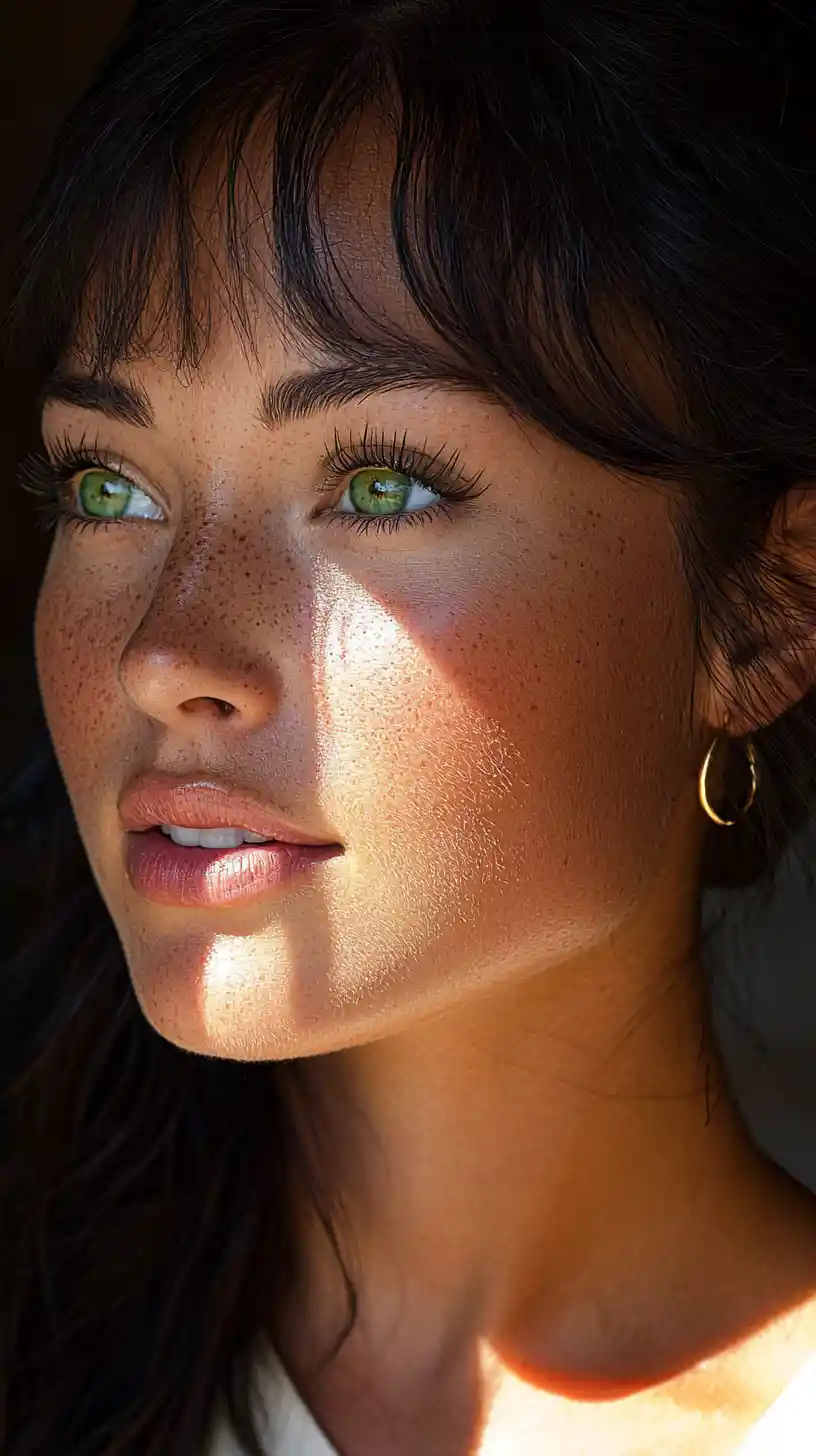 Extreme close up portrait of freckled woman in shadow