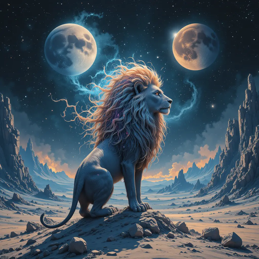 Mystical lion with nebula mane over alien crystal landscape