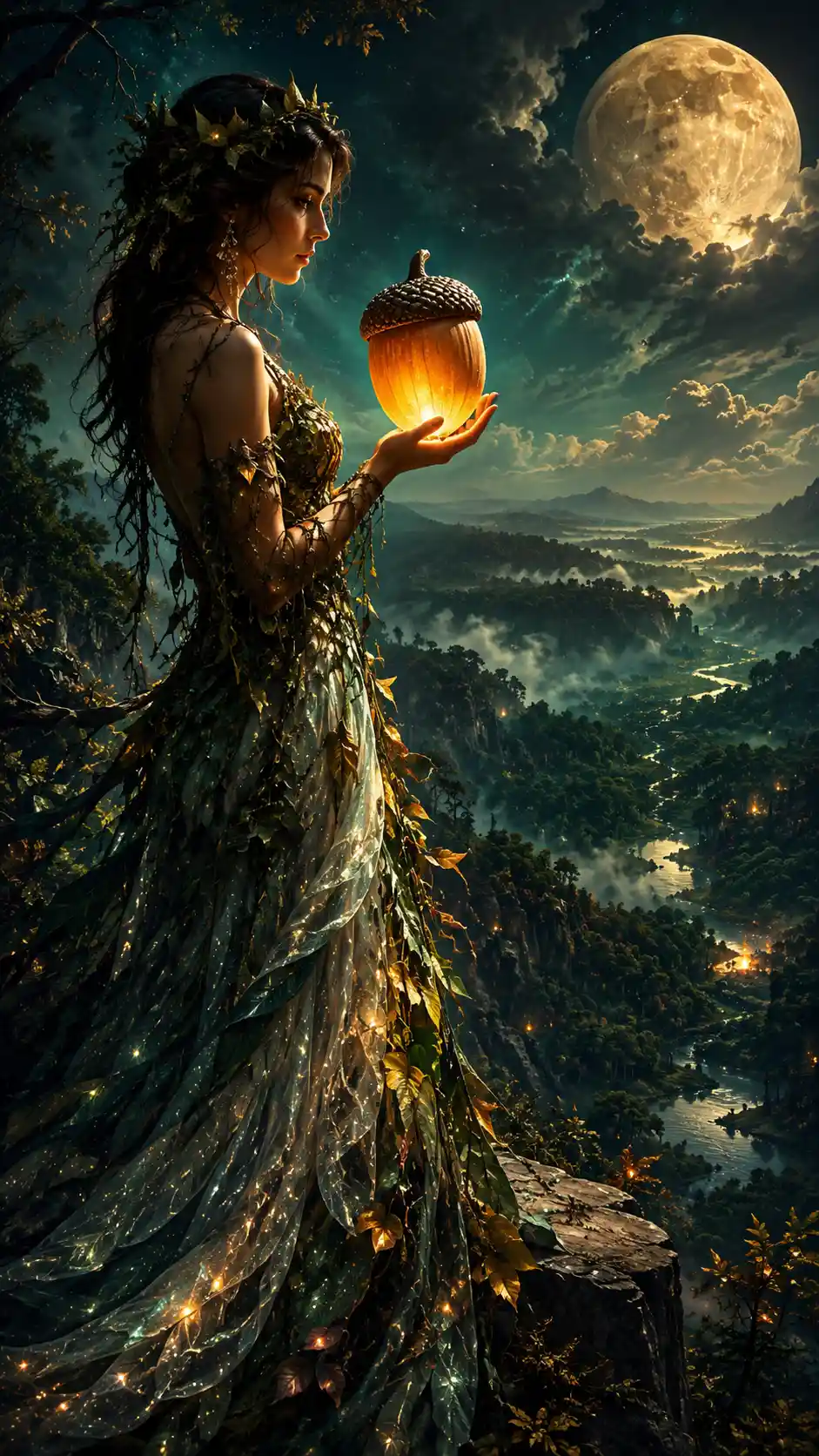 Mystical woman on a cliff holding a glowing acorn