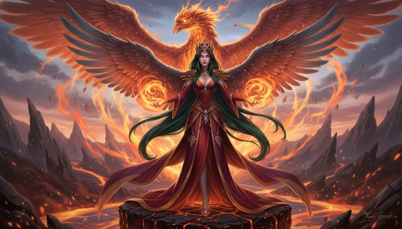Regal phoenix queen with fiery wings and flowing dark hair