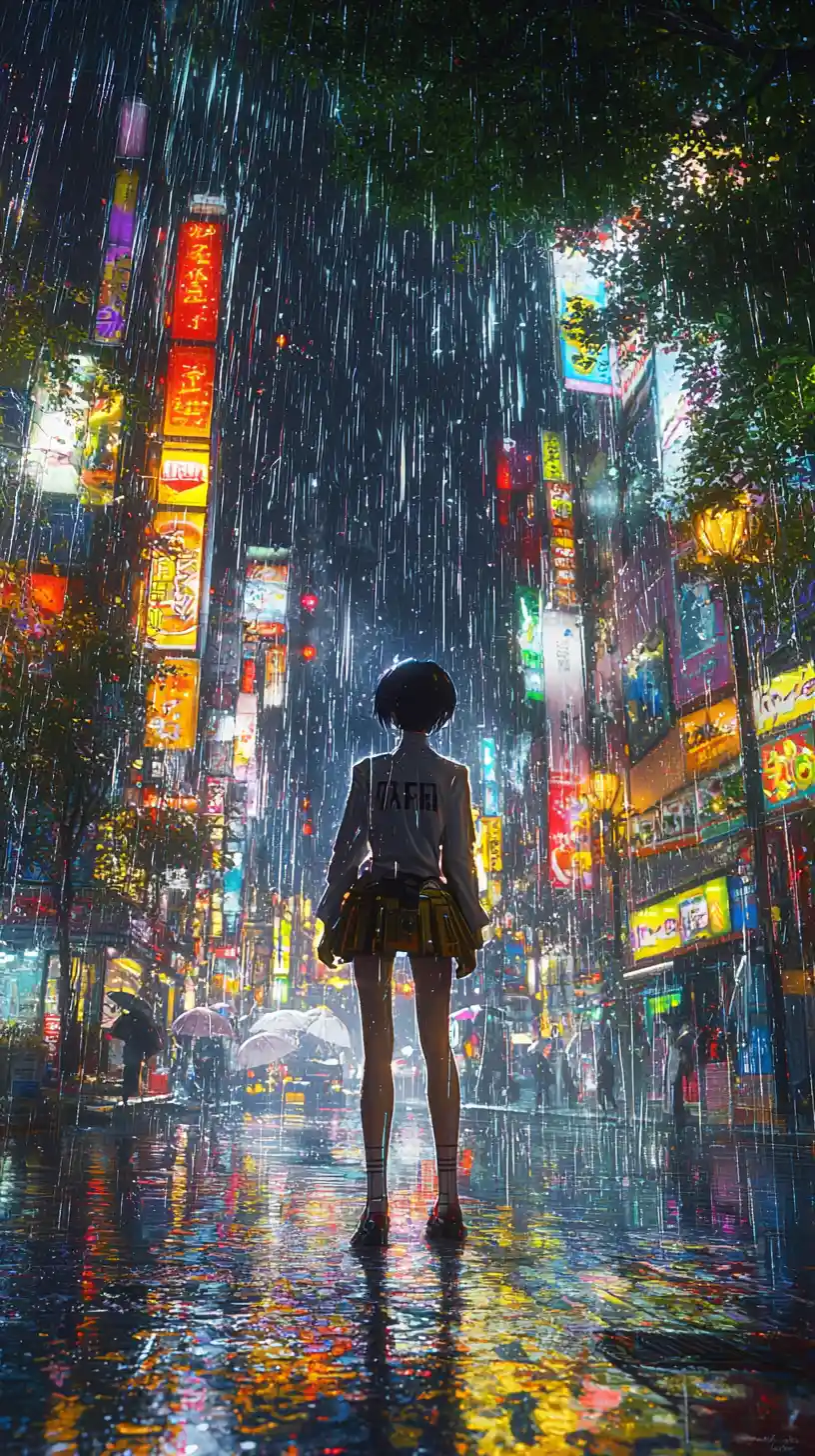 Anime girl standing on a rainy city street at night