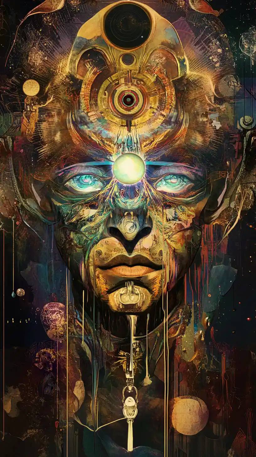 Futuristic man commanding technology in an intense scene